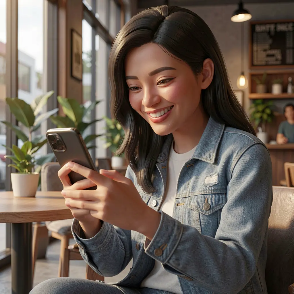 Confident Filipino woman using the BXBJILI casino app on her smartphone while enjoying a stylish and modern gaming experience