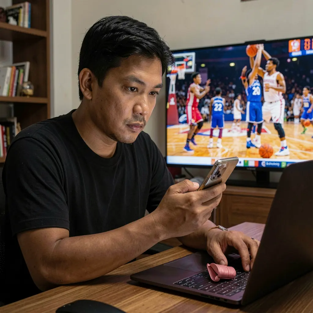 Focused Filipino bettor placing online sports bets on a laptop and smartphone while watching a live basketball game at home using BXBJILI