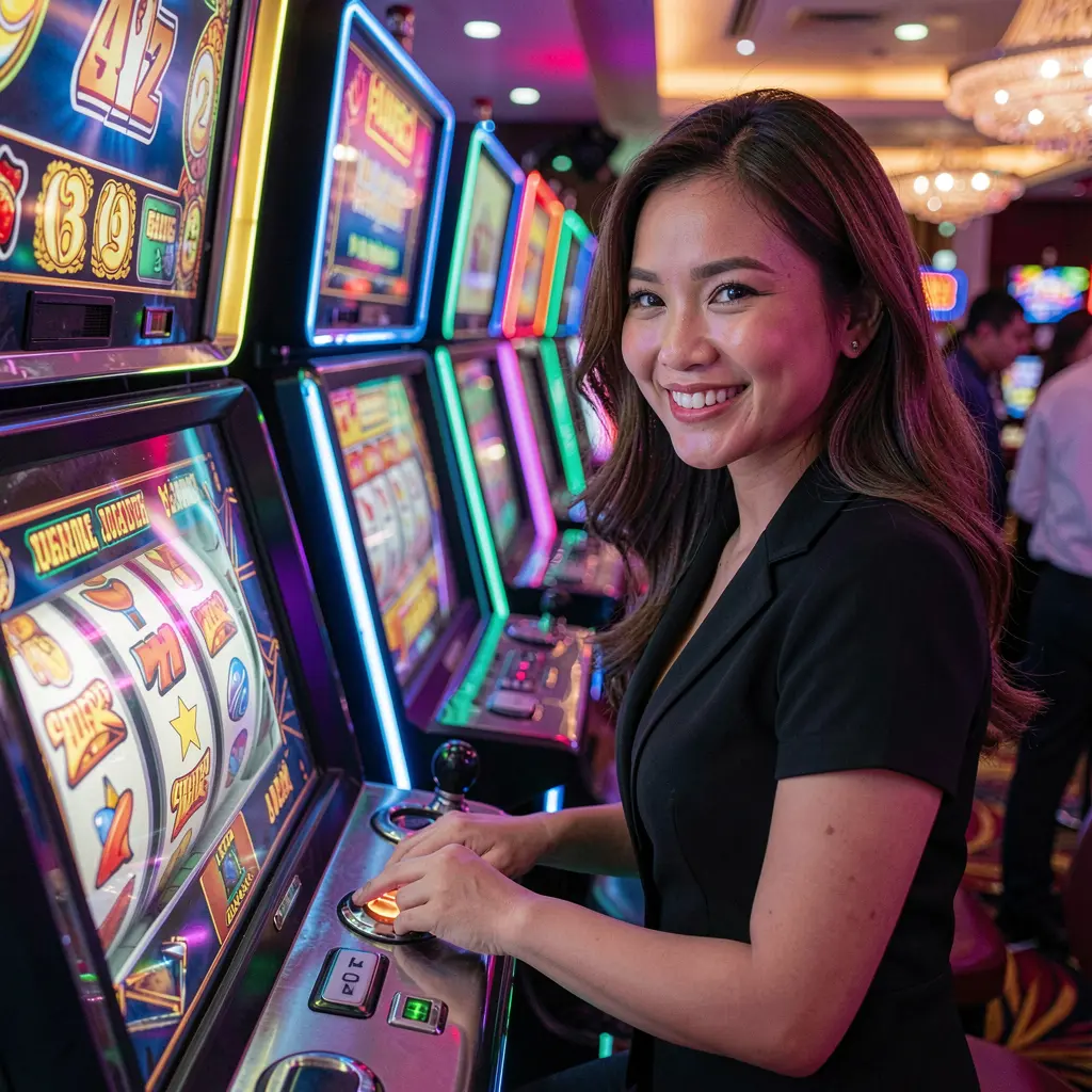 Happy Filipino woman enjoying colorful slot machines with glowing reels and neon lights at BXBJILI casino creating an exciting gaming mood